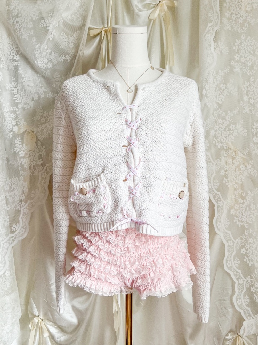 Ribbon Lace-Up Cream Cotton Cottagecore Sweater Cardigan - Picture 1 of 5